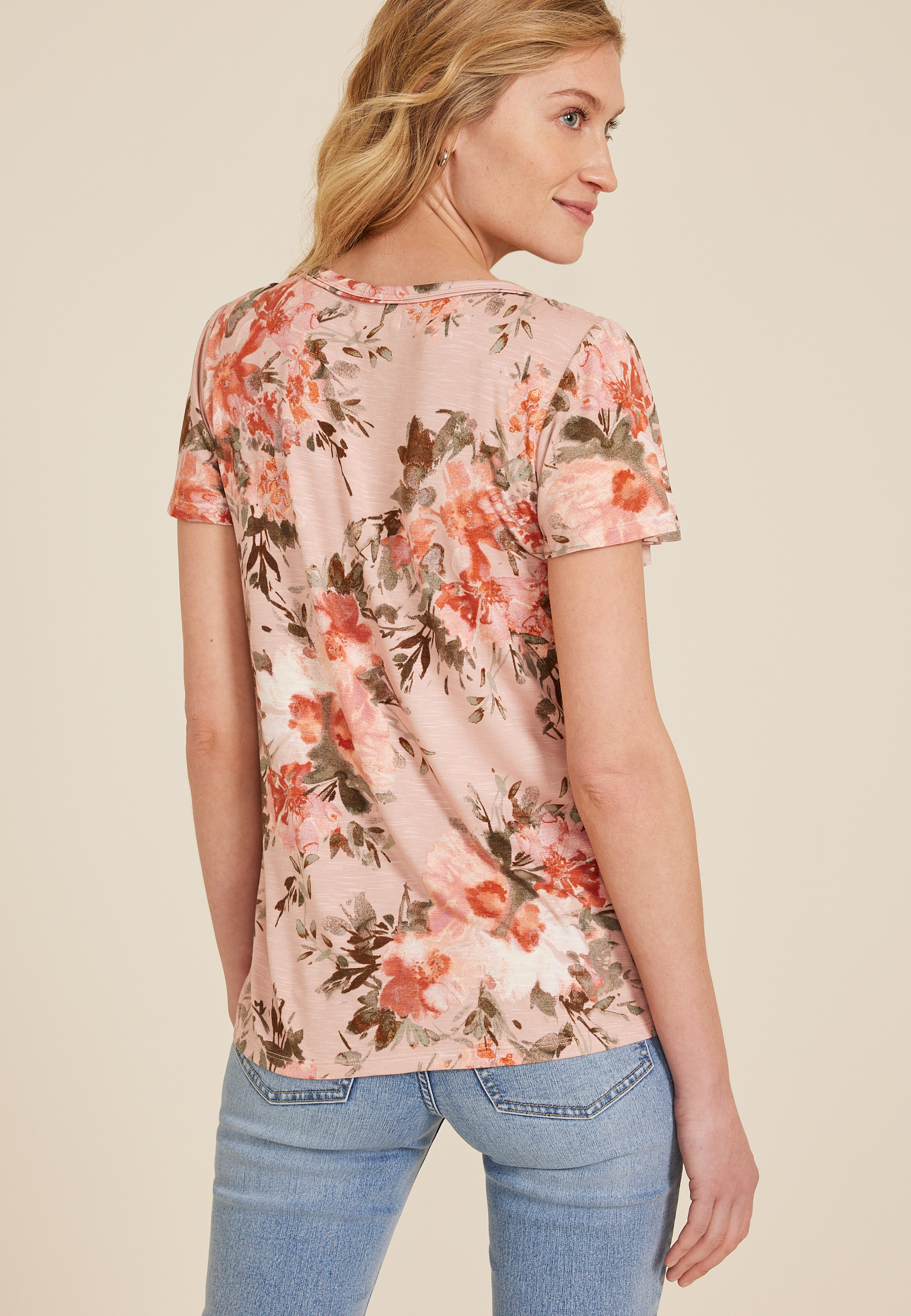 Pink Floral Flutter Sleeve Tee, C9370, large