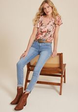 Pink Floral Flutter Sleeve Tee, C9370, small
