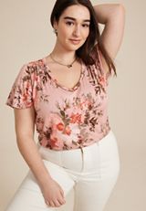 Plus Size Pink Floral Flutter Sleeve Tee, MISTY ROSE COMBO, small