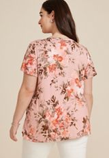 Plus Size Pink Floral Flutter Sleeve Tee, MISTY ROSE COMBO, small