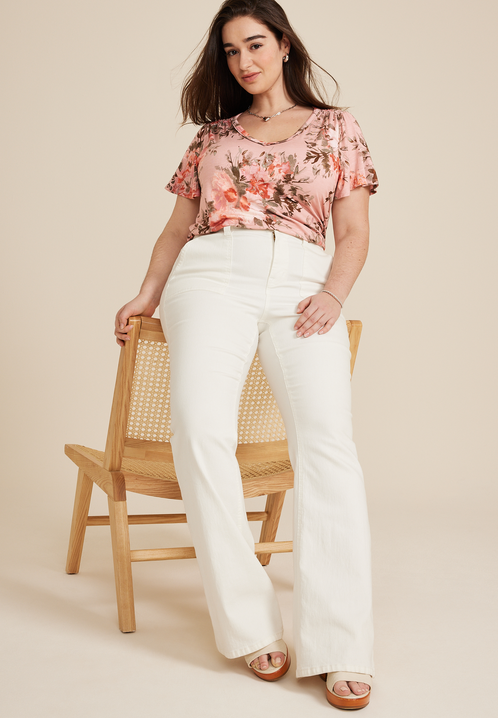 Plus Size Pink Floral Flutter Sleeve Tee, MISTY ROSE COMBO, large