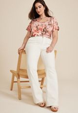 Plus Size Pink Floral Flutter Sleeve Tee, MISTY ROSE COMBO, small