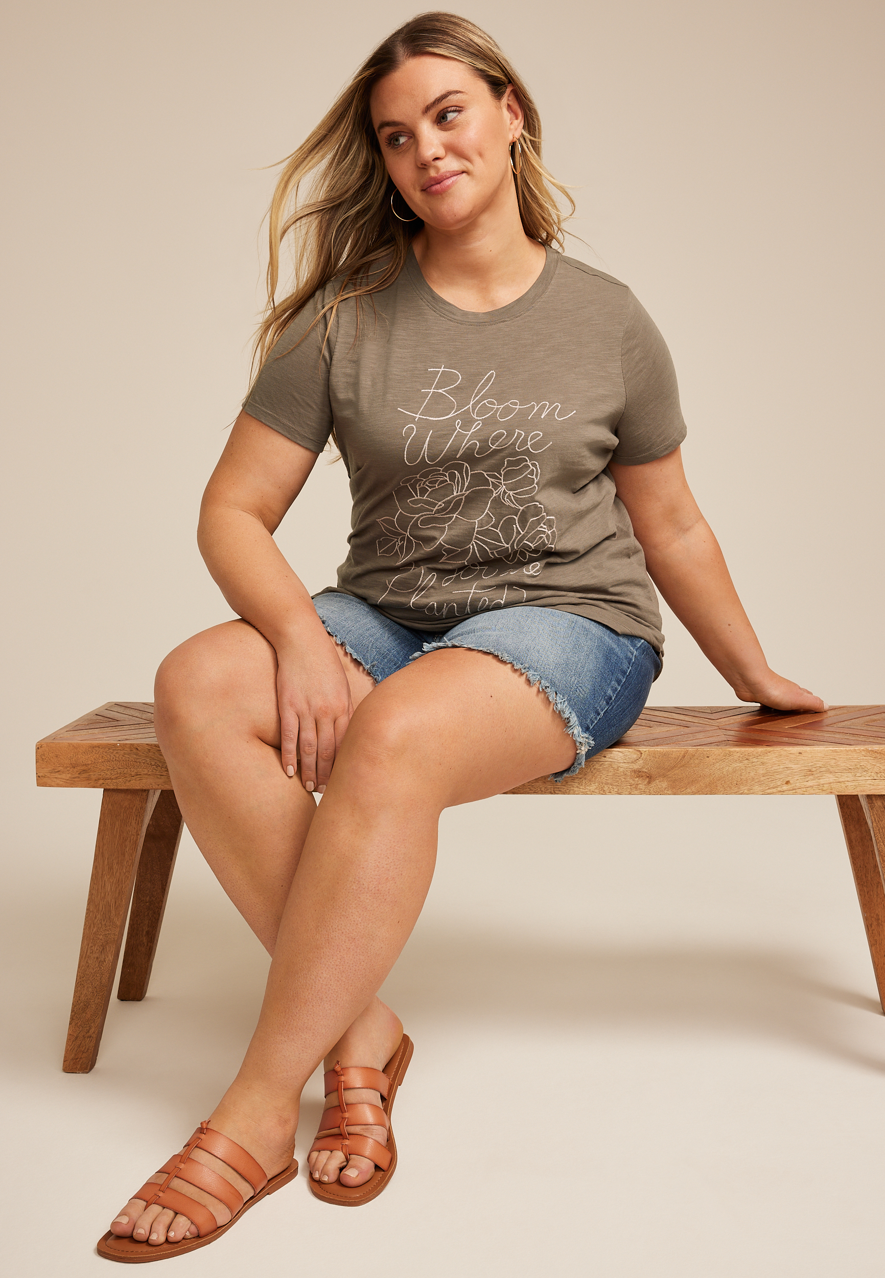Plus Size Embroidered Bloom Where You Are Planted Classic Fit Graphic Tee, , large
