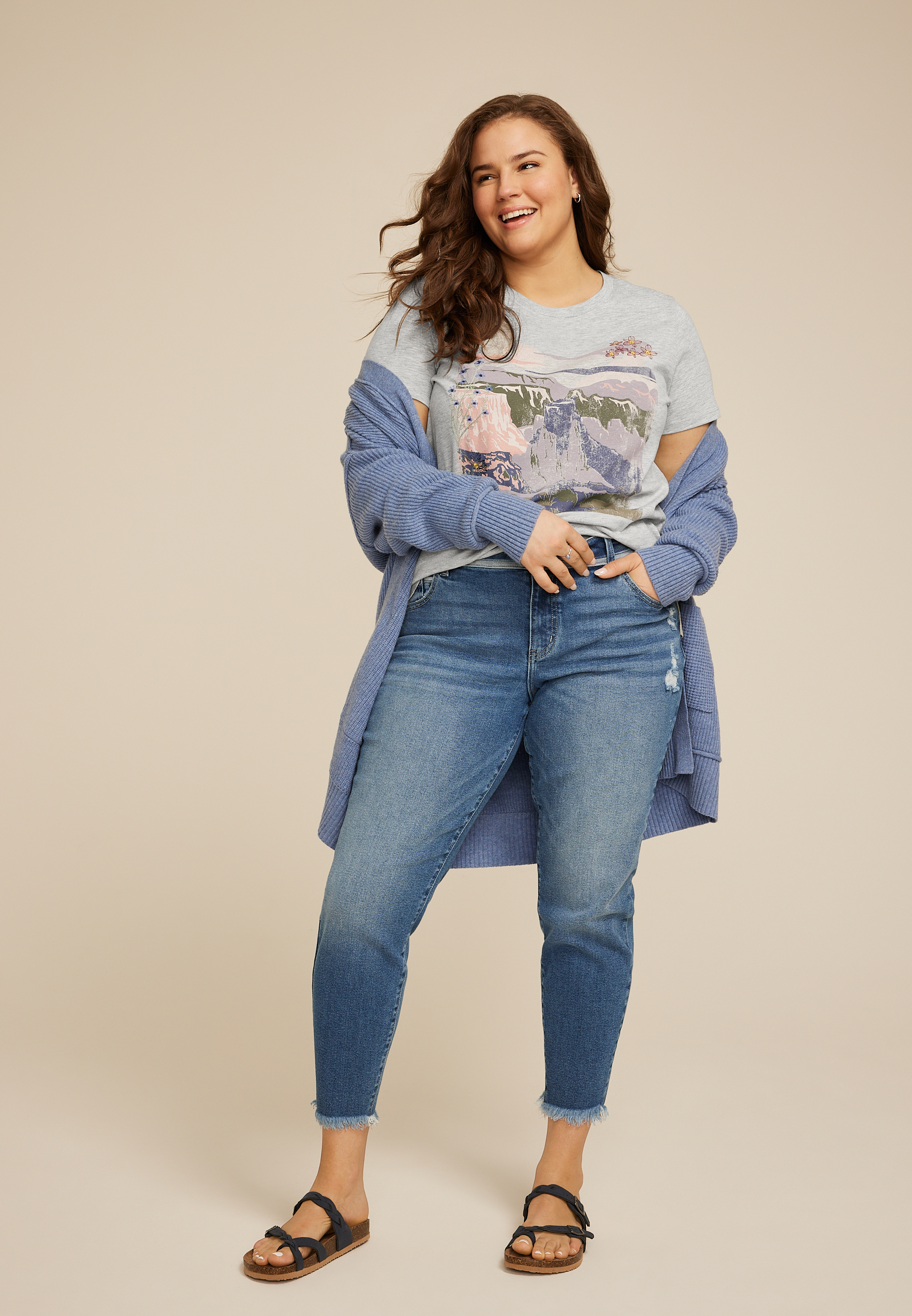 Plus Size Mountain Floral Embroidered Classic Fit Graphic Tee, , large
