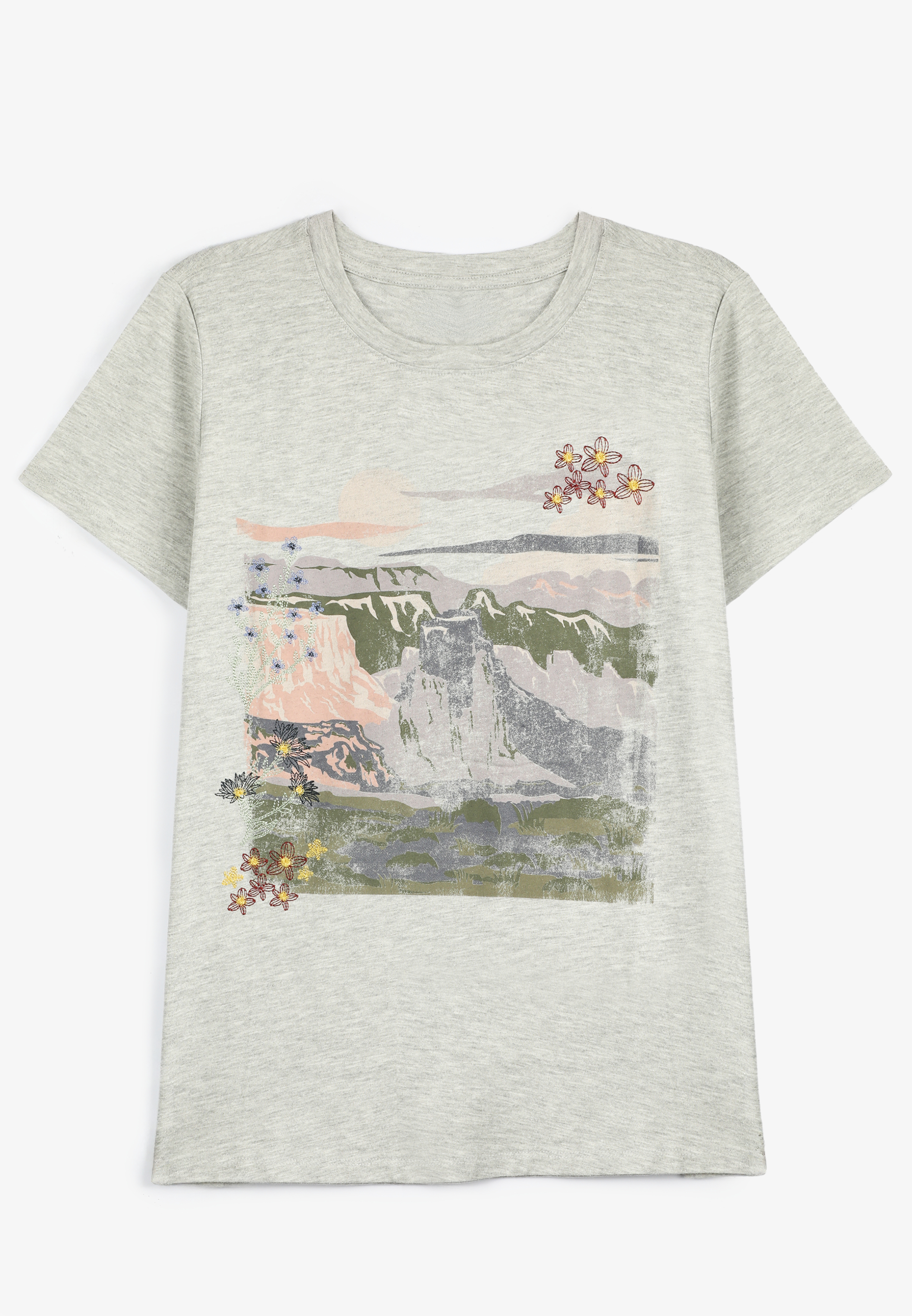 Plus Size Mountain Floral Embroidered Classic Fit Graphic Tee, , large