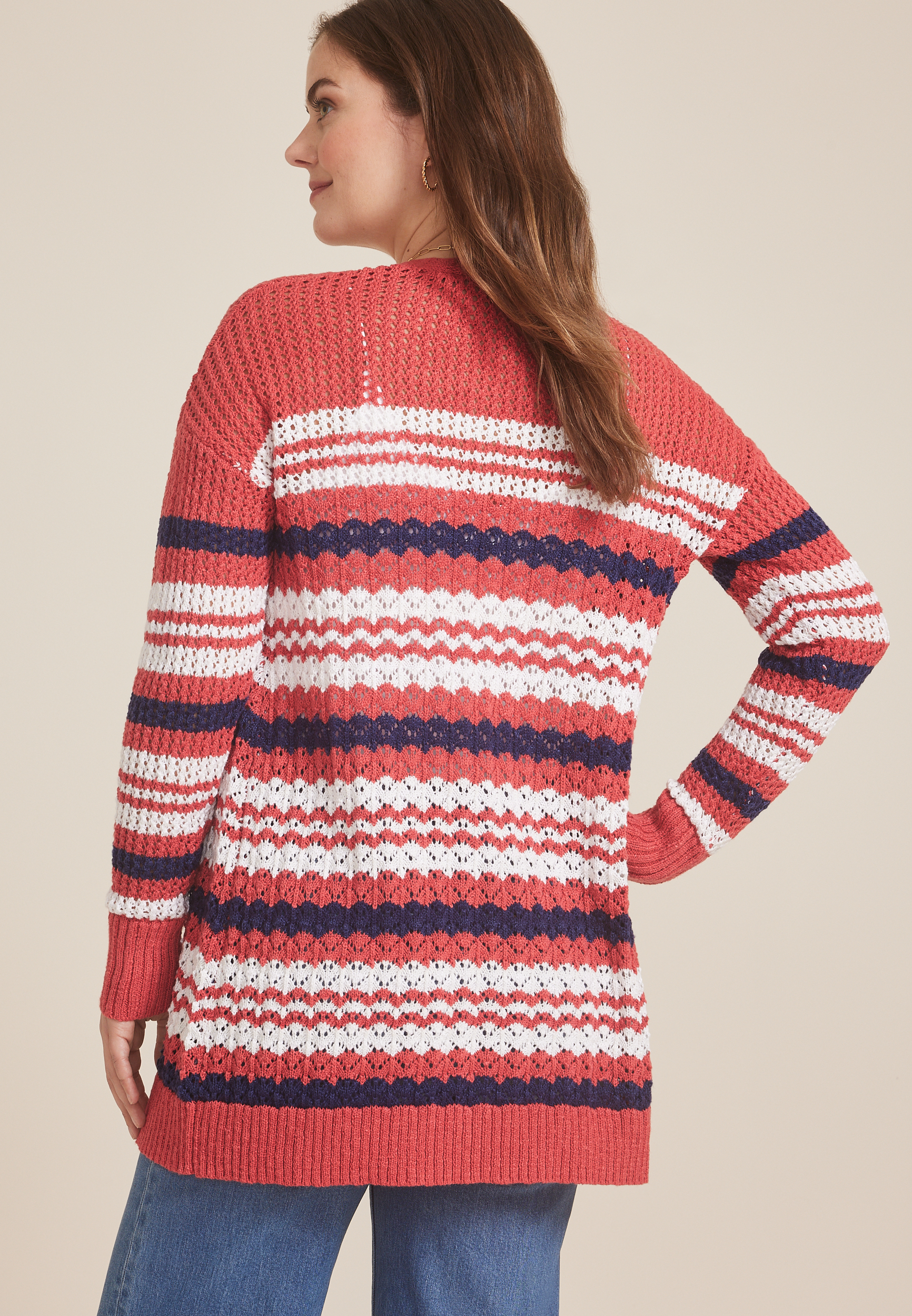 Americana Striped Textured Cardigan, Mineral Red Combo, large