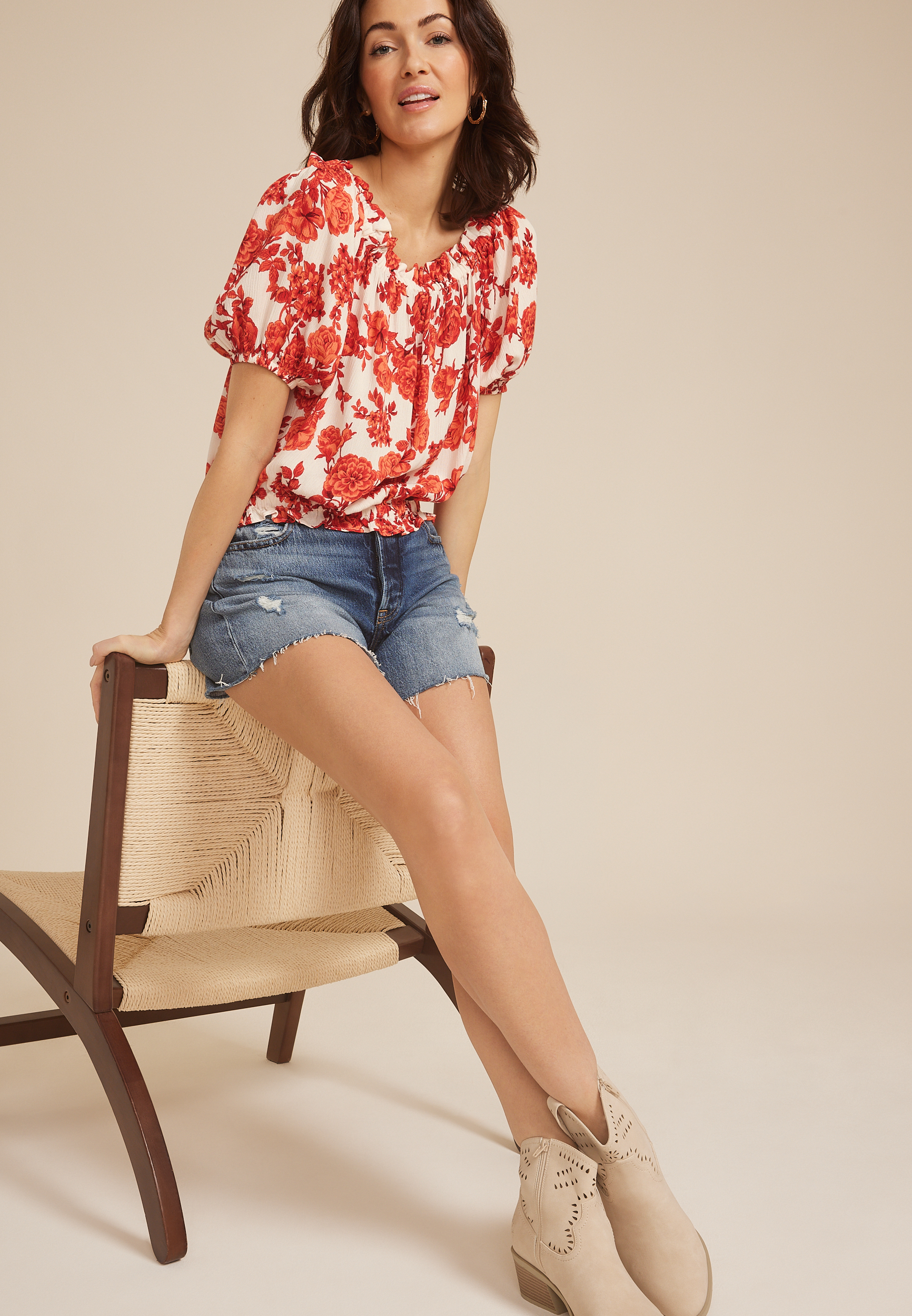Printed Off The Shoulder Top, , large