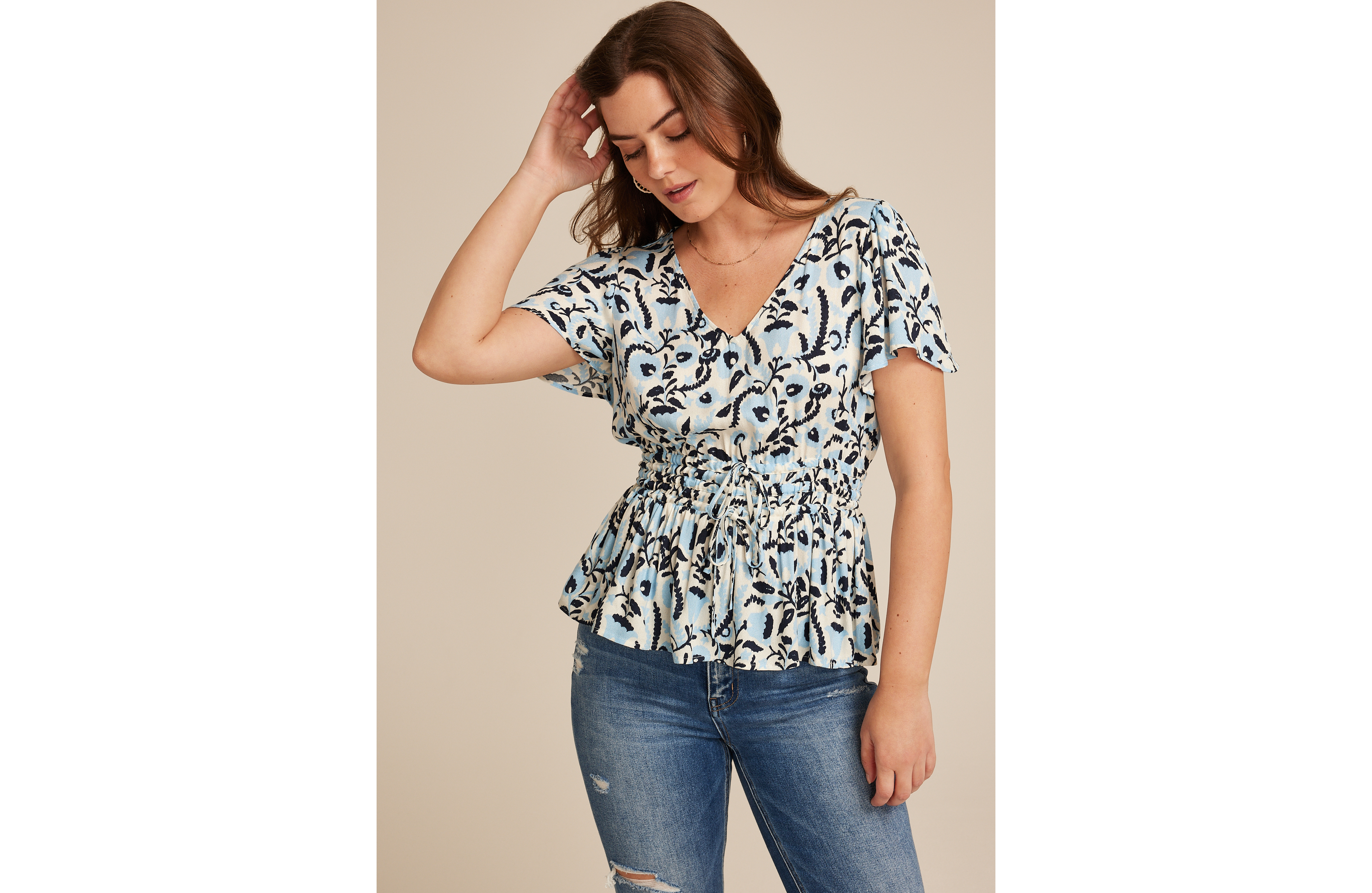 Tie Waist Flutter Sleeve Blouse