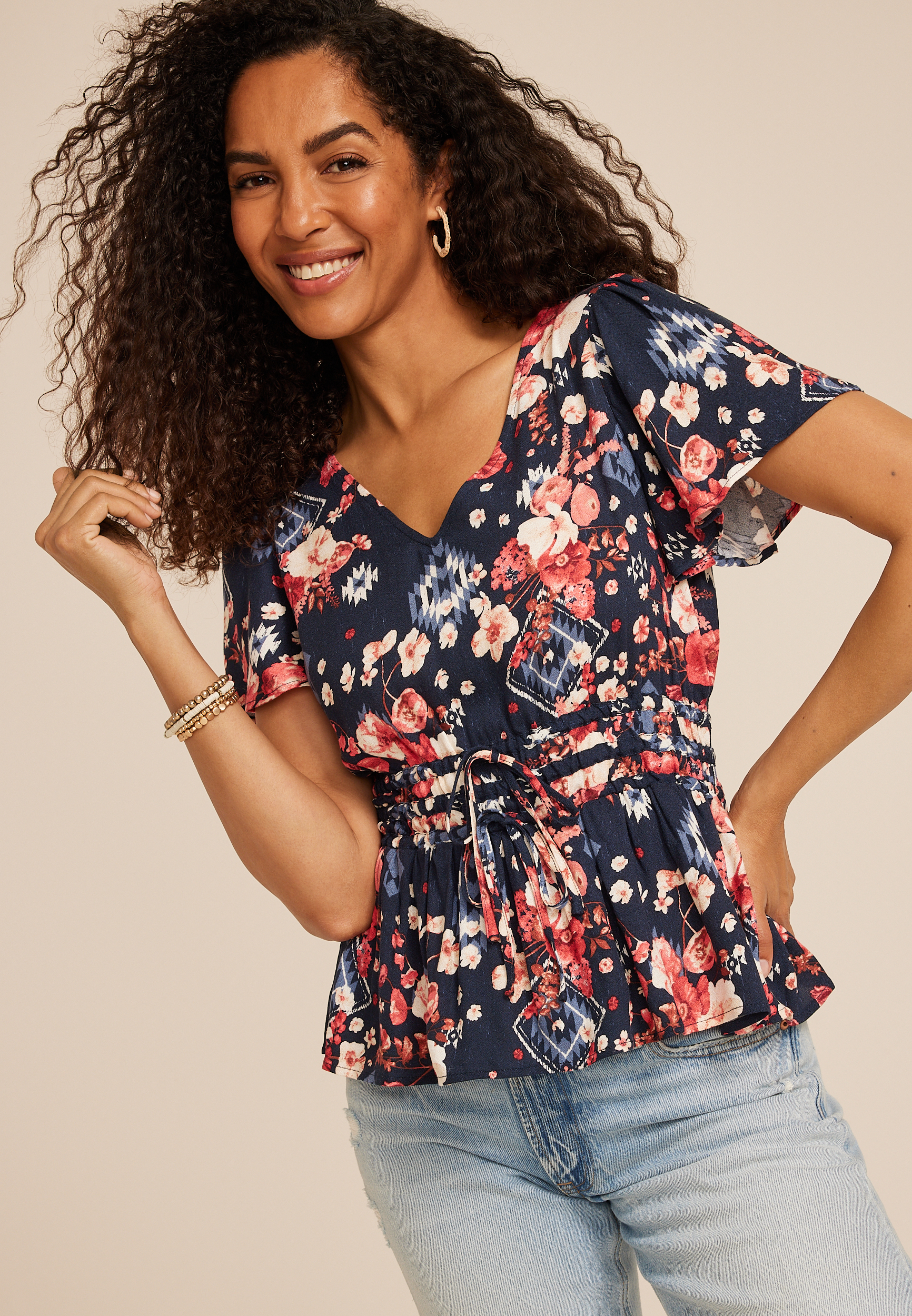 Tie Waist Flutter Sleeve Blouse