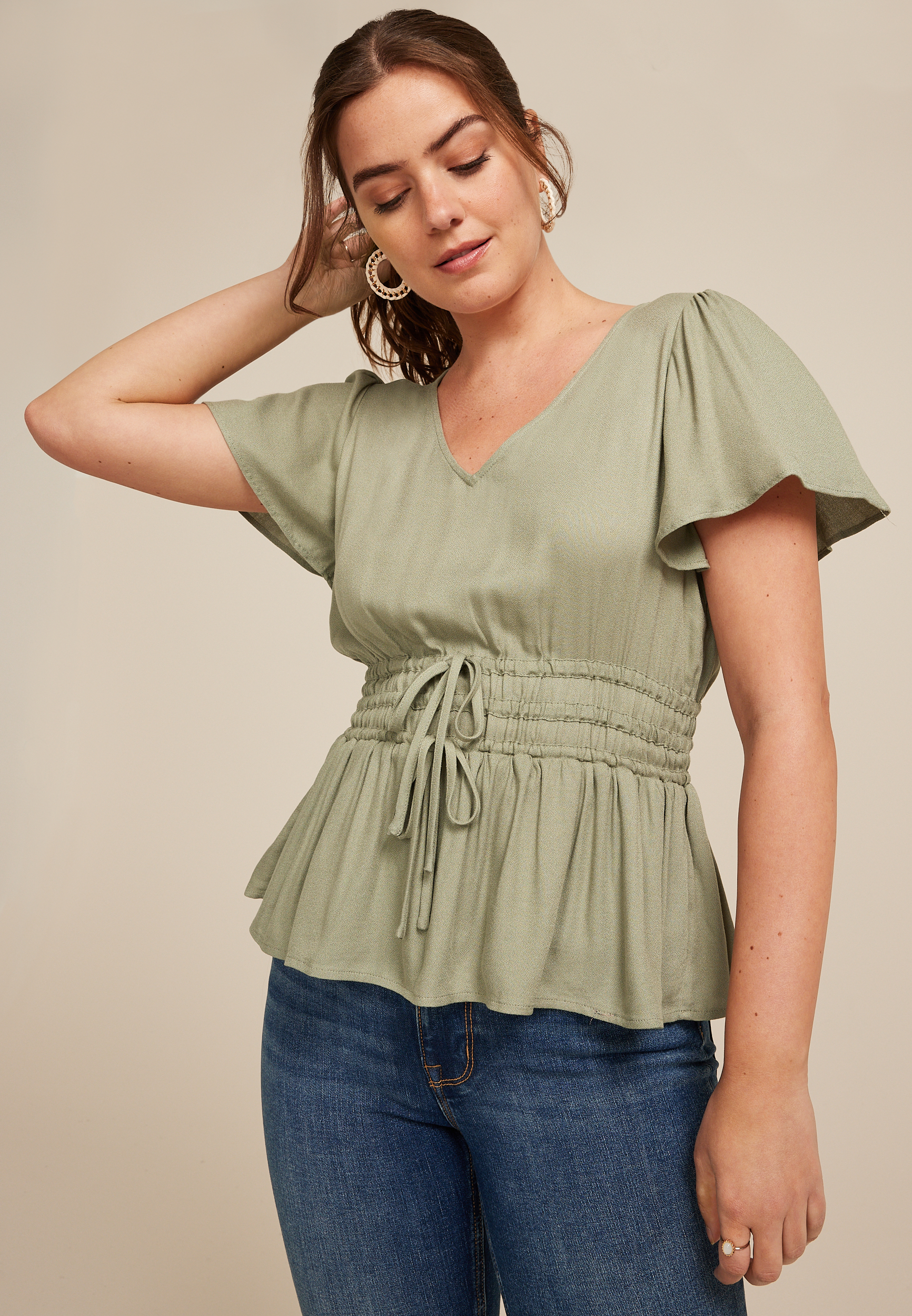 Tie Waist Flutter Sleeve Blouse