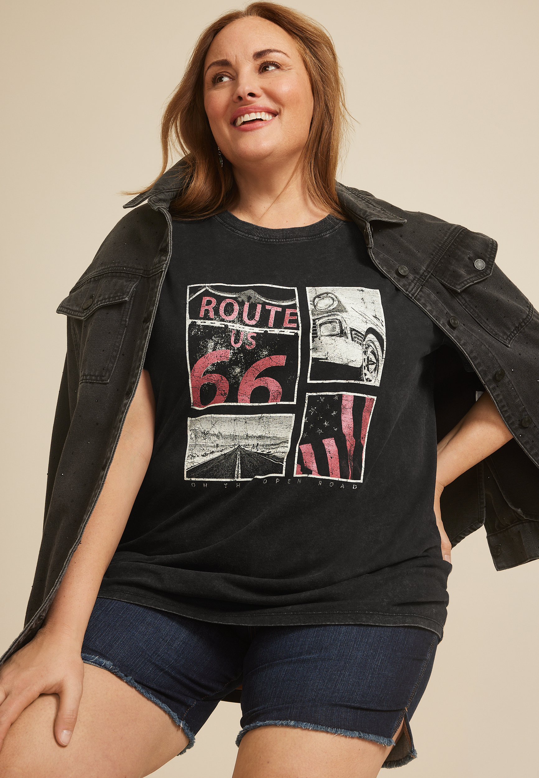 Plus Size Route 66 Relaxed Fit Graphic Tee, BLACK, large