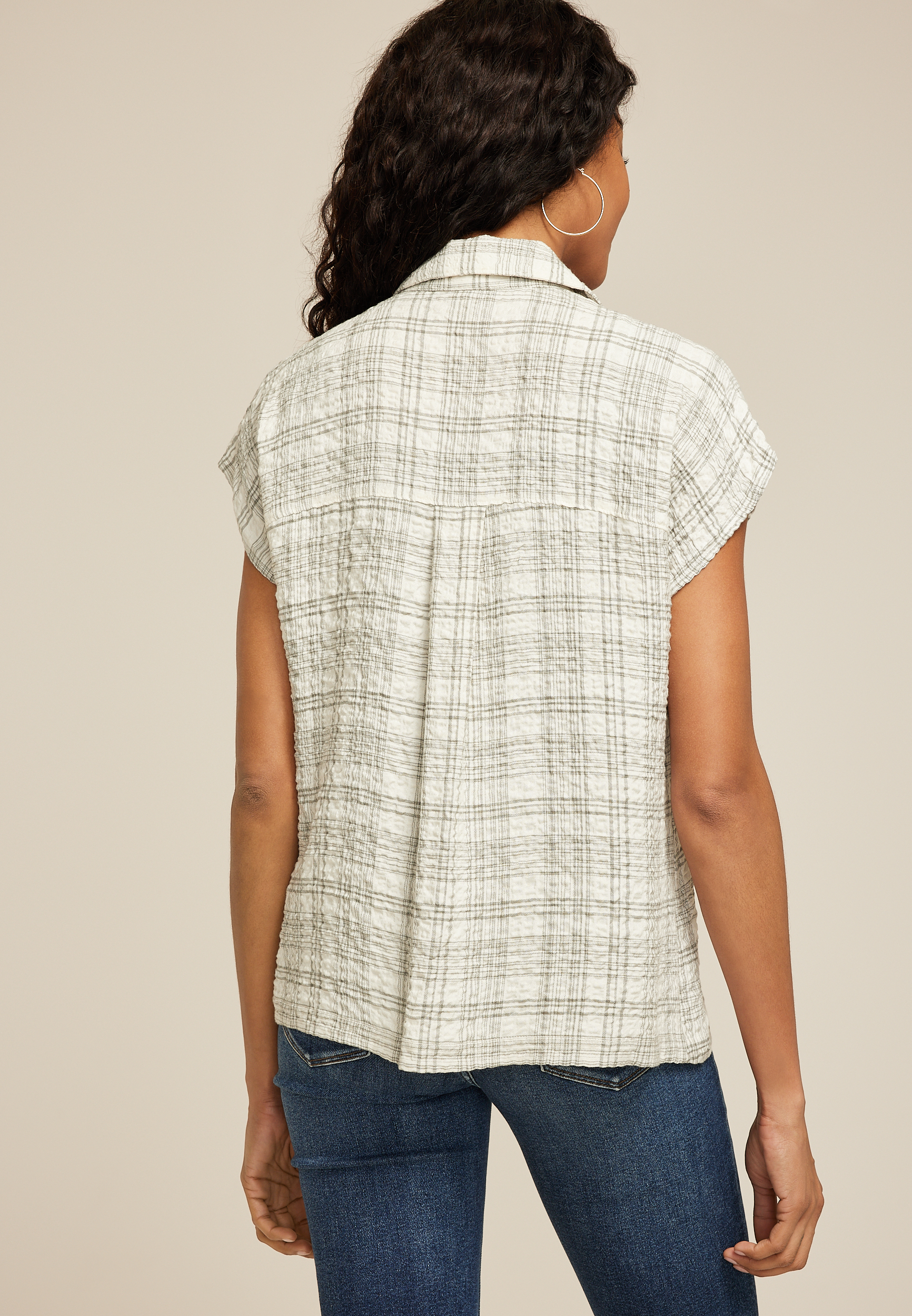 Textured Dolman Button Down Shirt, , large