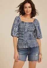 Blue Paisley 3/4 Sleeve Smocked Blouse, , small