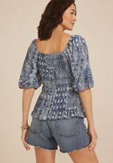 Blue Paisley 3/4 Sleeve Smocked Blouse, , small