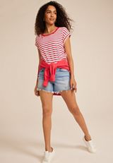 24/7 Clara Jacquard Striped Short Sleeve Tee, C2947, small