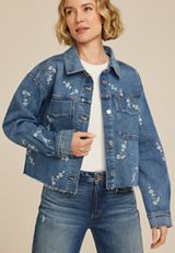 Embroidered Floral Cropped Denim Jacket, C258, small