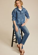 Embroidered Floral Cropped Denim Jacket, C258, small