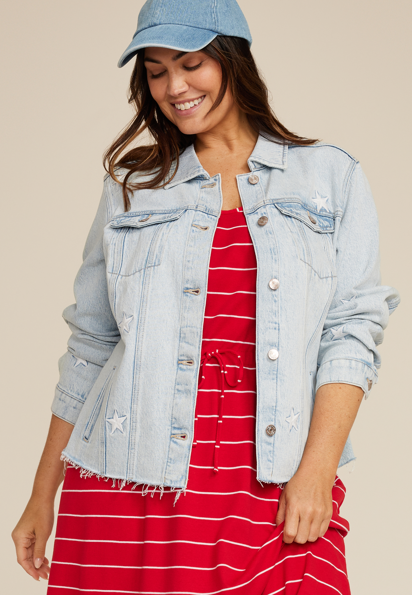 Plus Size Americana Star Light Denim Jacket, C2806, large