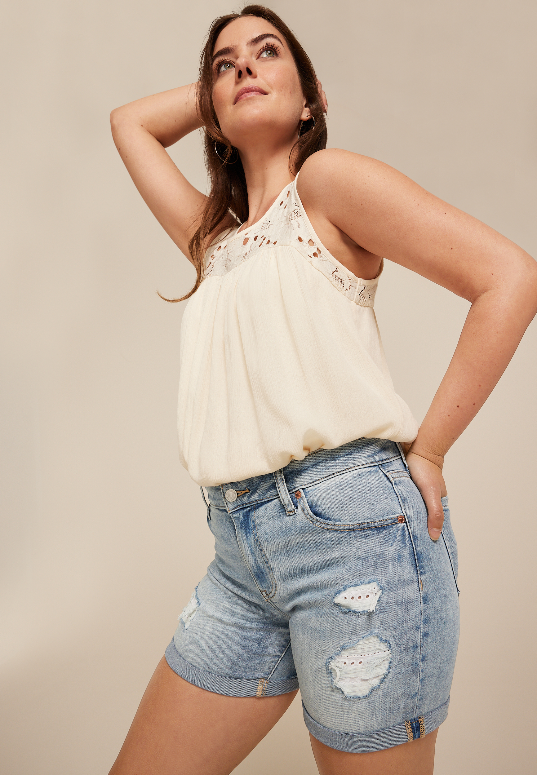 m jeans by maurices&trade; High Rise Eyelet Back 5in Shorts, , large