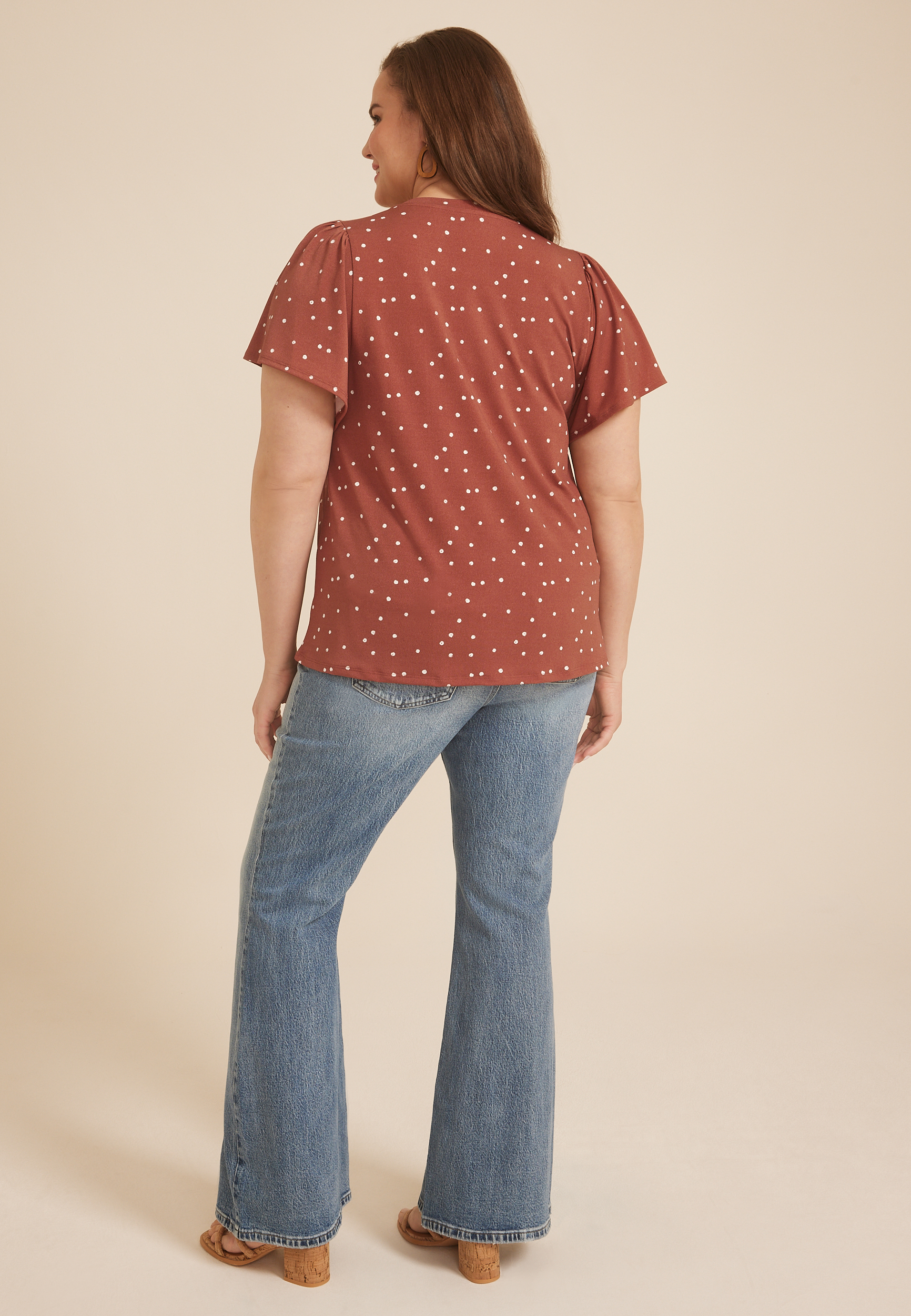 Plus Size 24/7 Charlotte Polka Dot Flutter Sleeve Tee, C5326, large