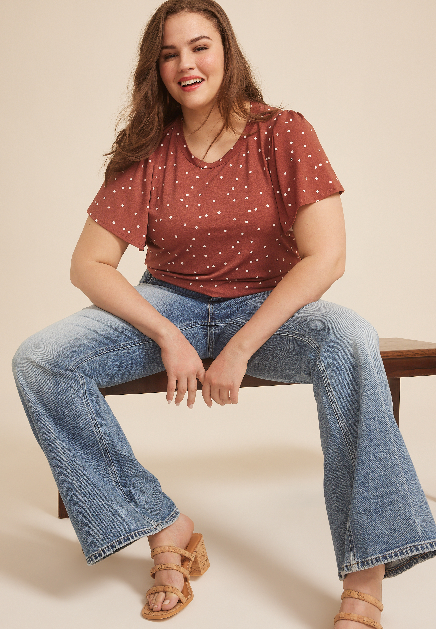 Plus Size 24/7 Charlotte Polka Dot Flutter Sleeve Tee, C5326, large
