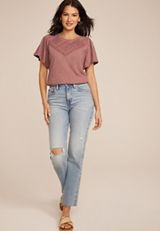 Crochet Yoke Flutter Sleeve Tee, , small