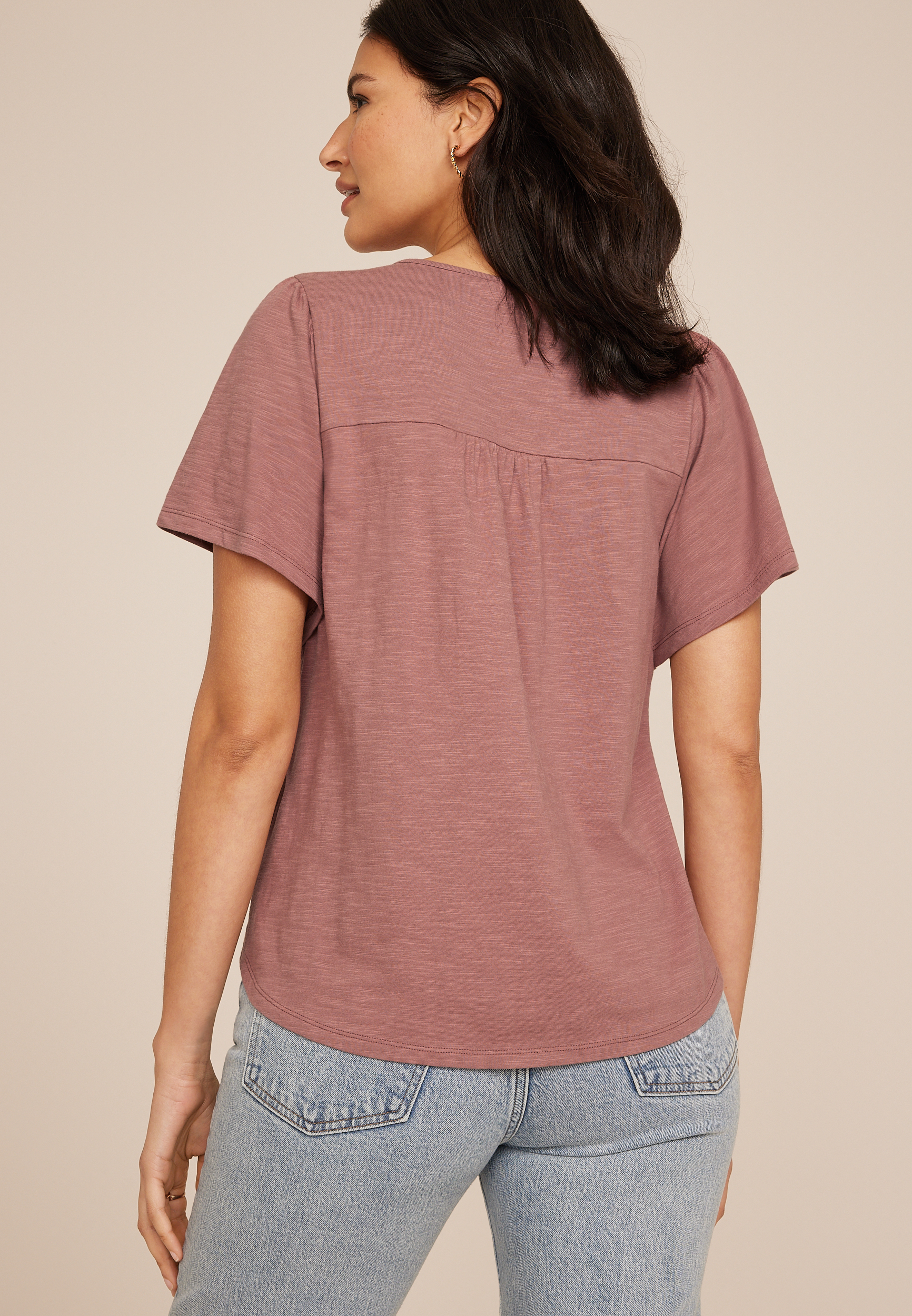 Crochet Yoke Flutter Sleeve Tee, , large
