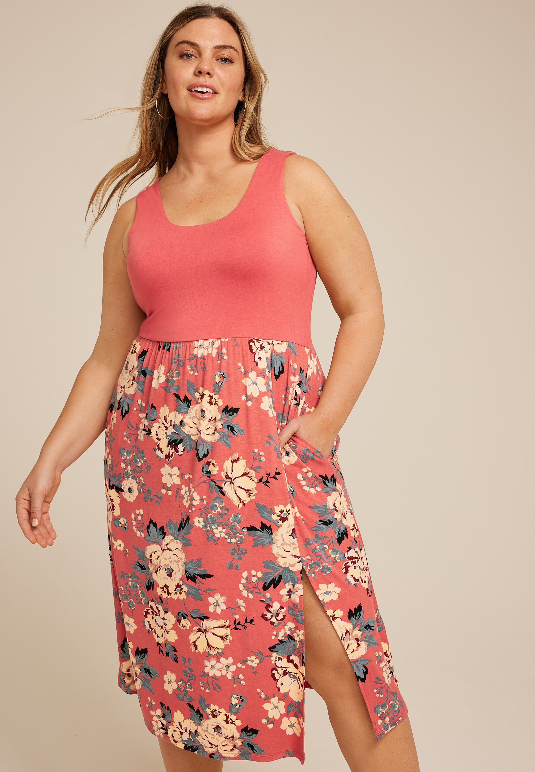 Plus Size 24/7 Bare Front Slit Midi Dress, Mineral Red Combo, large