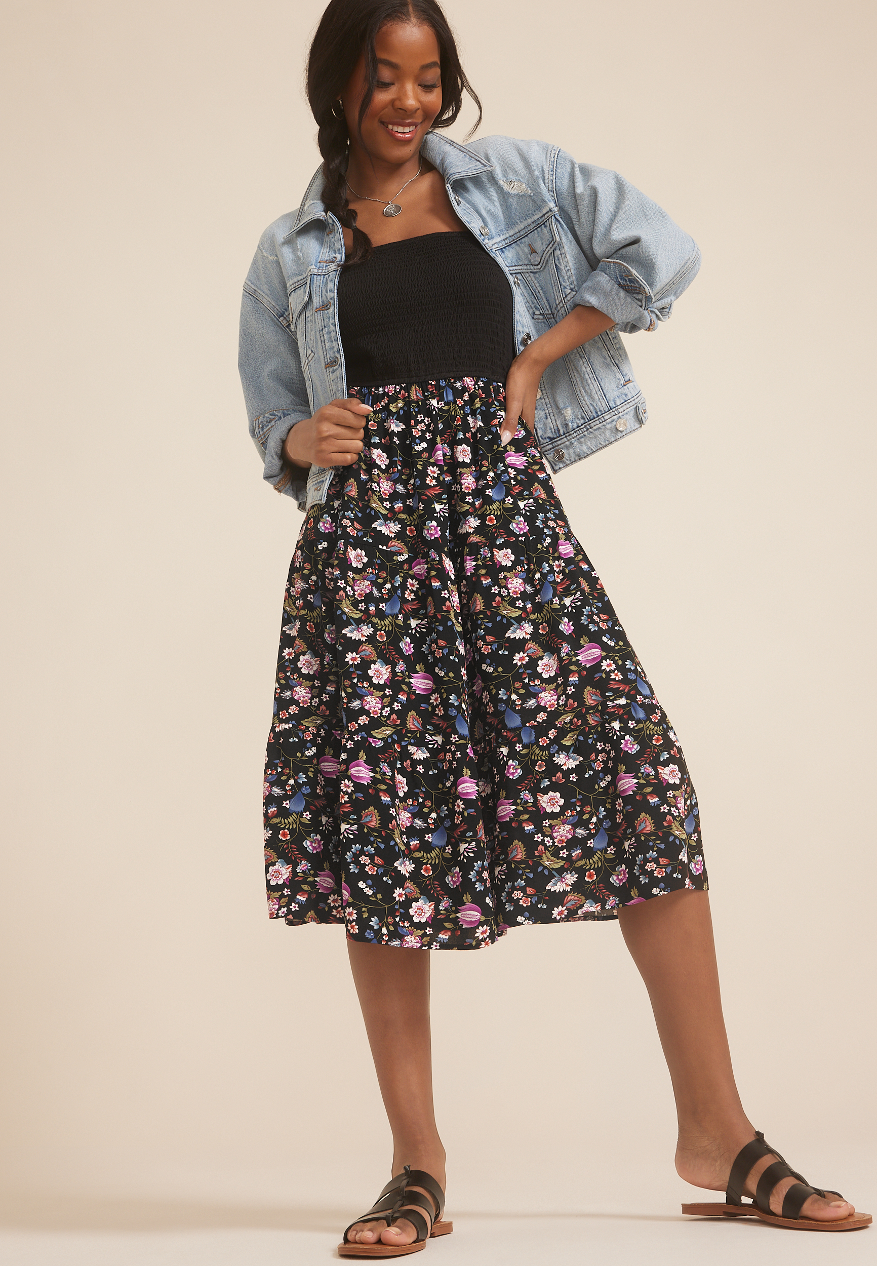 Floral Smocked Tube Midi Dress, BLACK COMBO, large