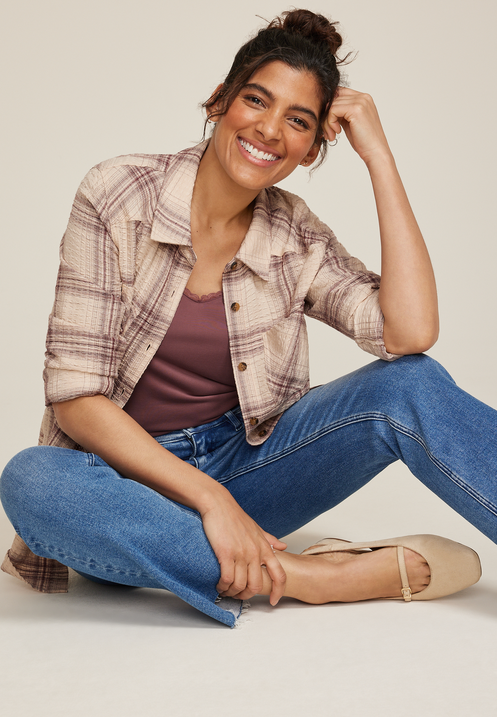 Pucker Plaid Button Down Shirt, C4695, large