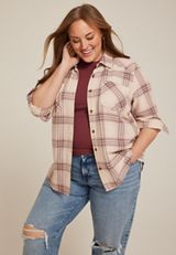 Plus Size Pucker Plaid Button Down Shirt, C4695, small