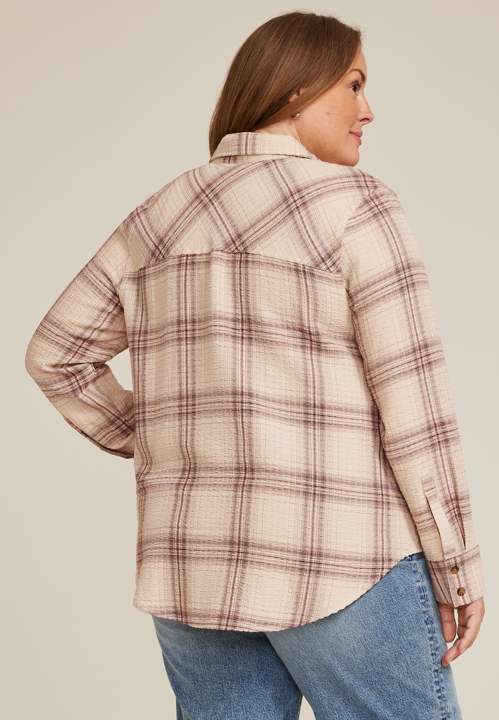 Plus Size Pucker Plaid Button Down Shirt, C4695, large