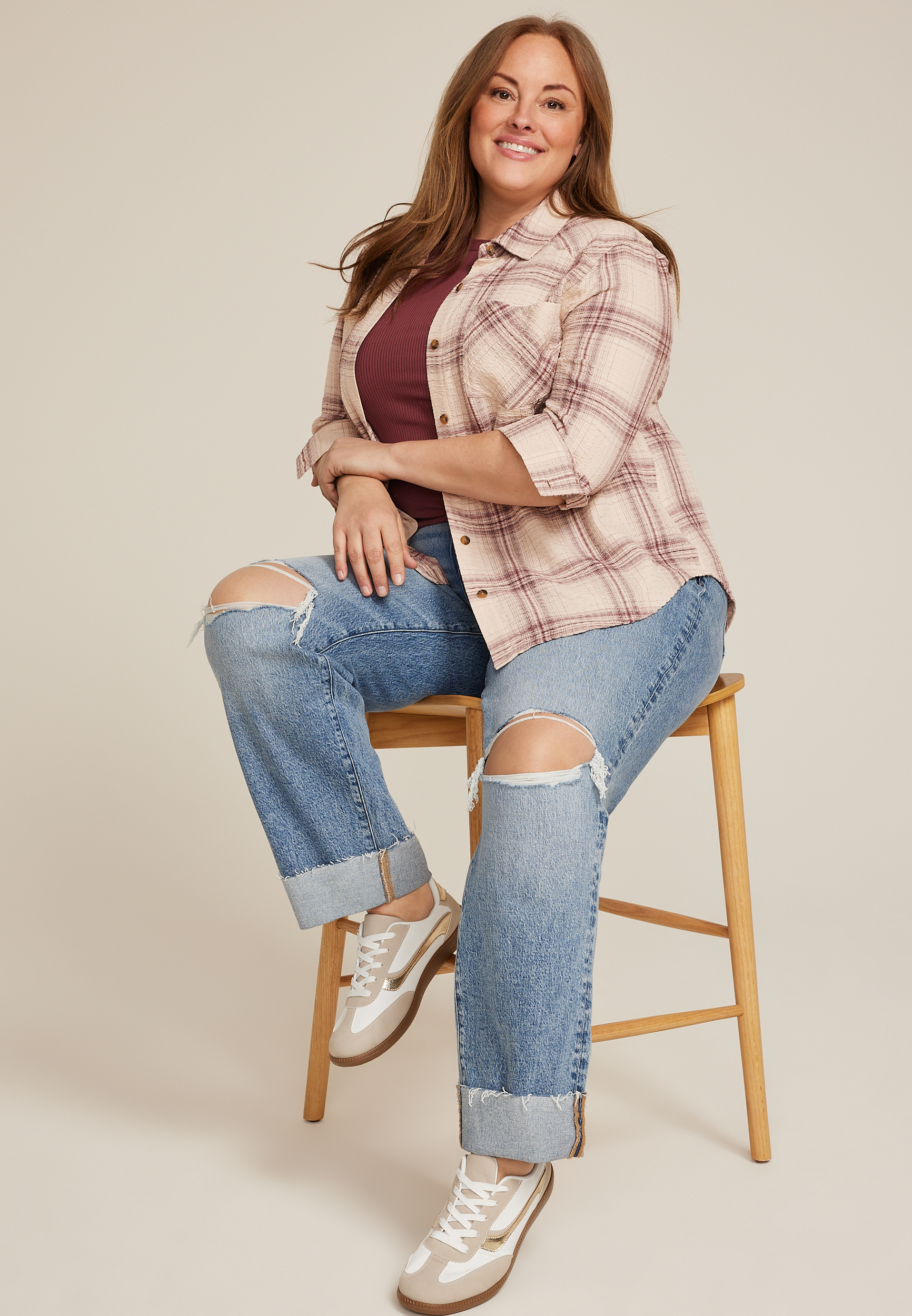 Plus Size Pucker Plaid Button Down Shirt, C4695, large