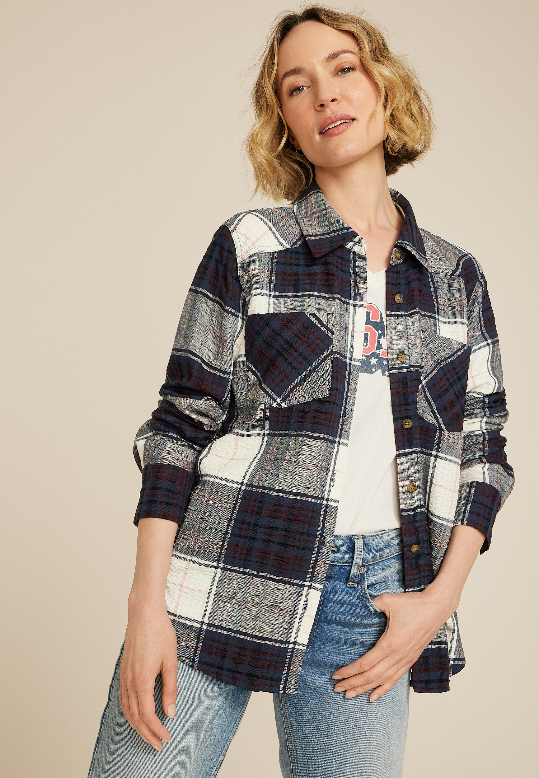 Pucker Plaid Button Down Shirt