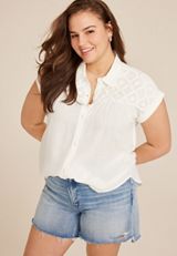 Plus Size Crochet Yoke Dolman Short Sleeve Tee, C4673, small