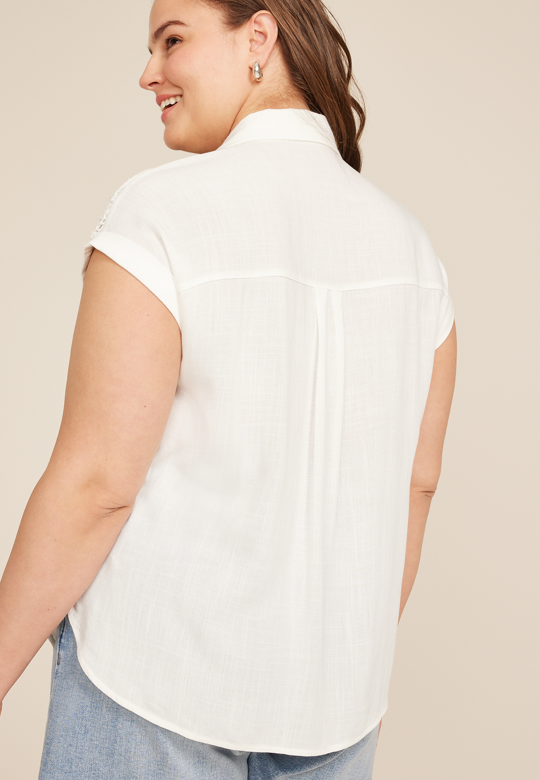Plus Size Crochet Yoke Dolman Short Sleeve Tee, C4673, large