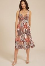 Bare Patchwork Front Knot V Neck Midi Dress, C4695, small