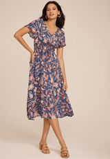 Floral V Neck Hanky Hem Midi Dress, C1750, small