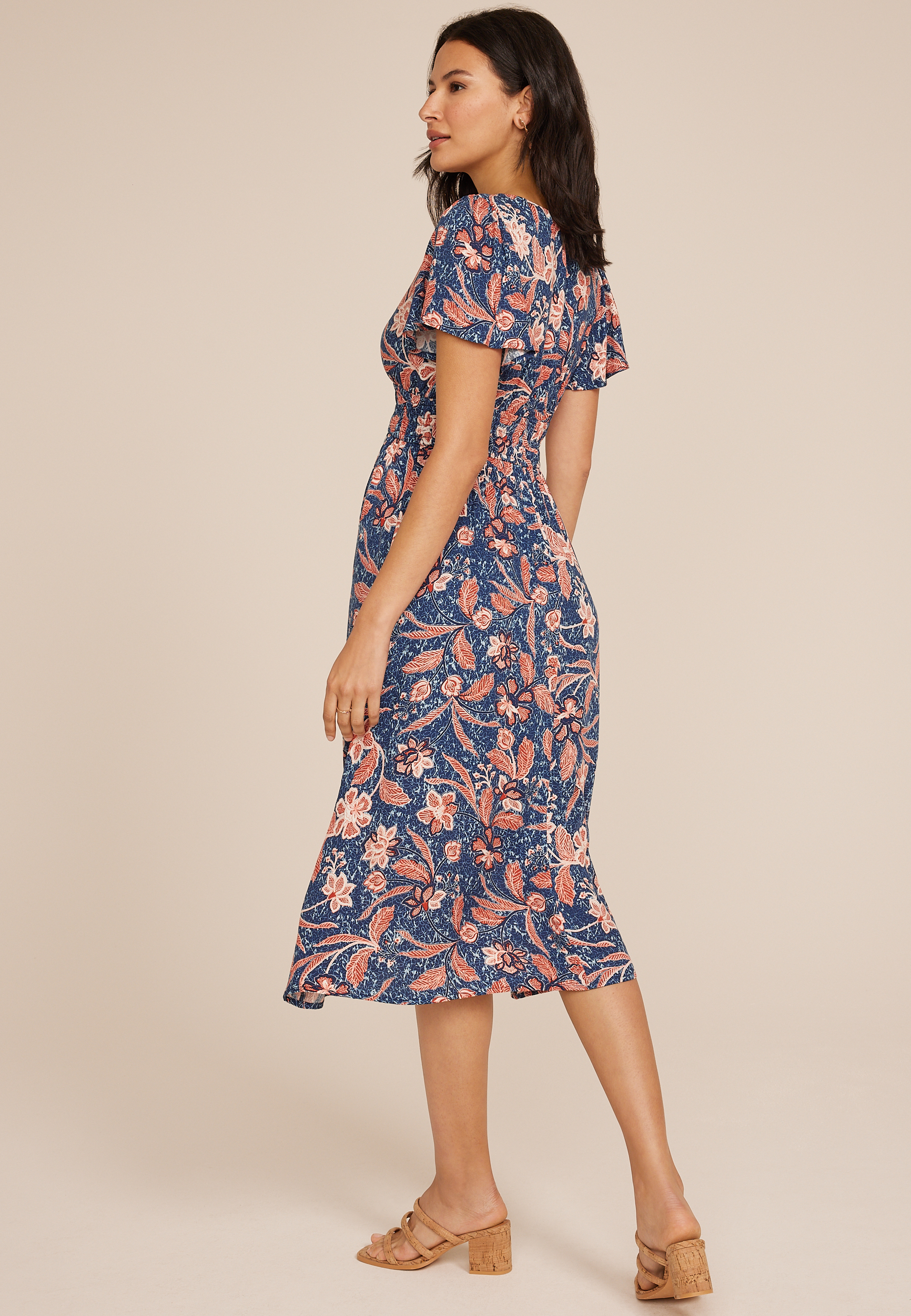 Floral V Neck Hanky Hem Midi Dress, C1750, large