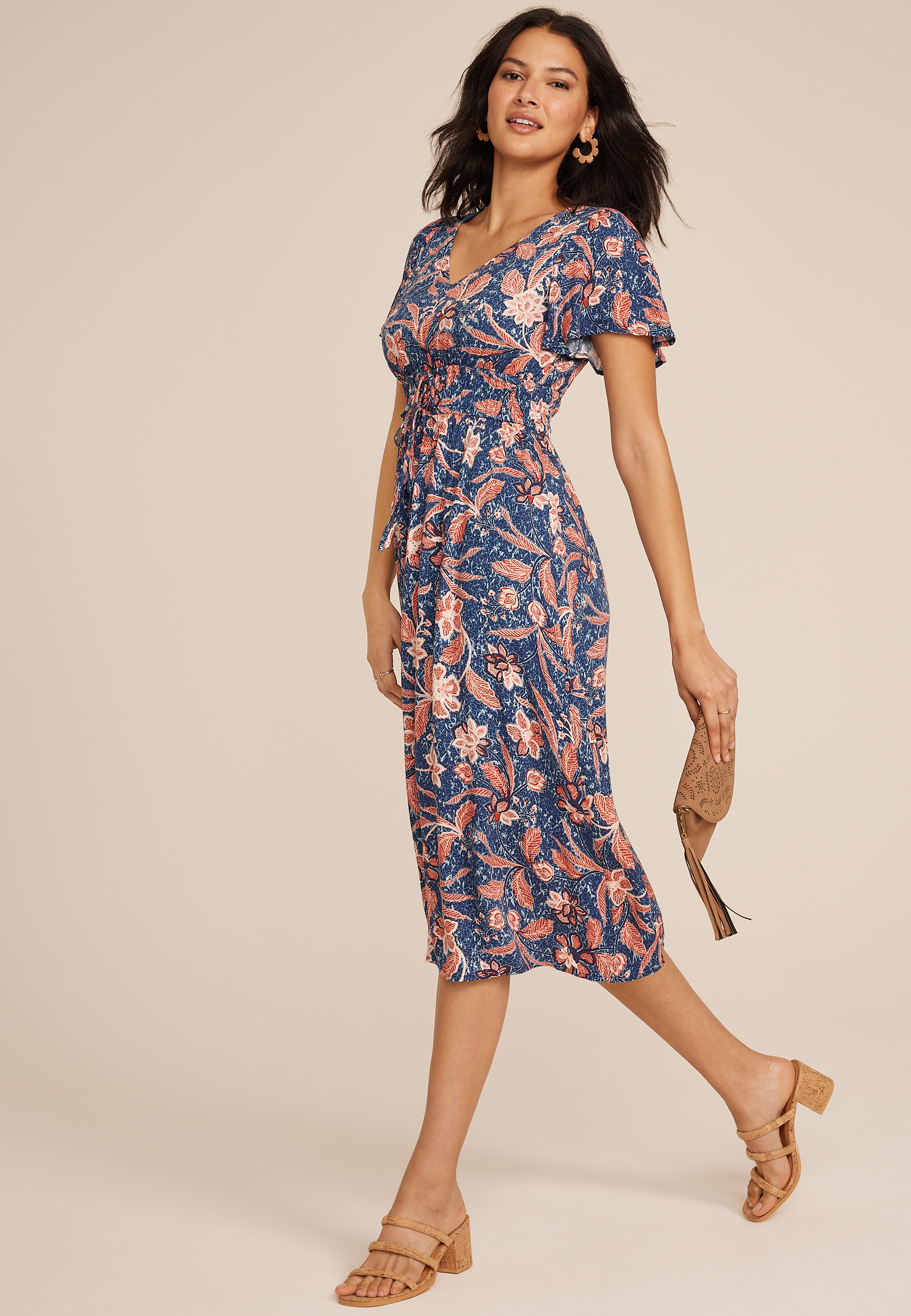 Floral V Neck Hanky Hem Midi Dress, C1750, large