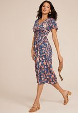 Floral V Neck Hanky Hem Midi Dress, C1750, small