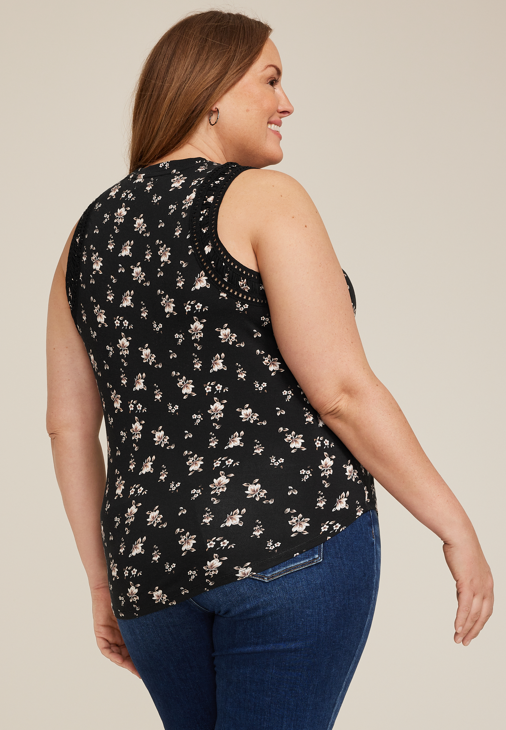Plus Size Floral Lattice Trim Tank Top, BLACK COMBO, large