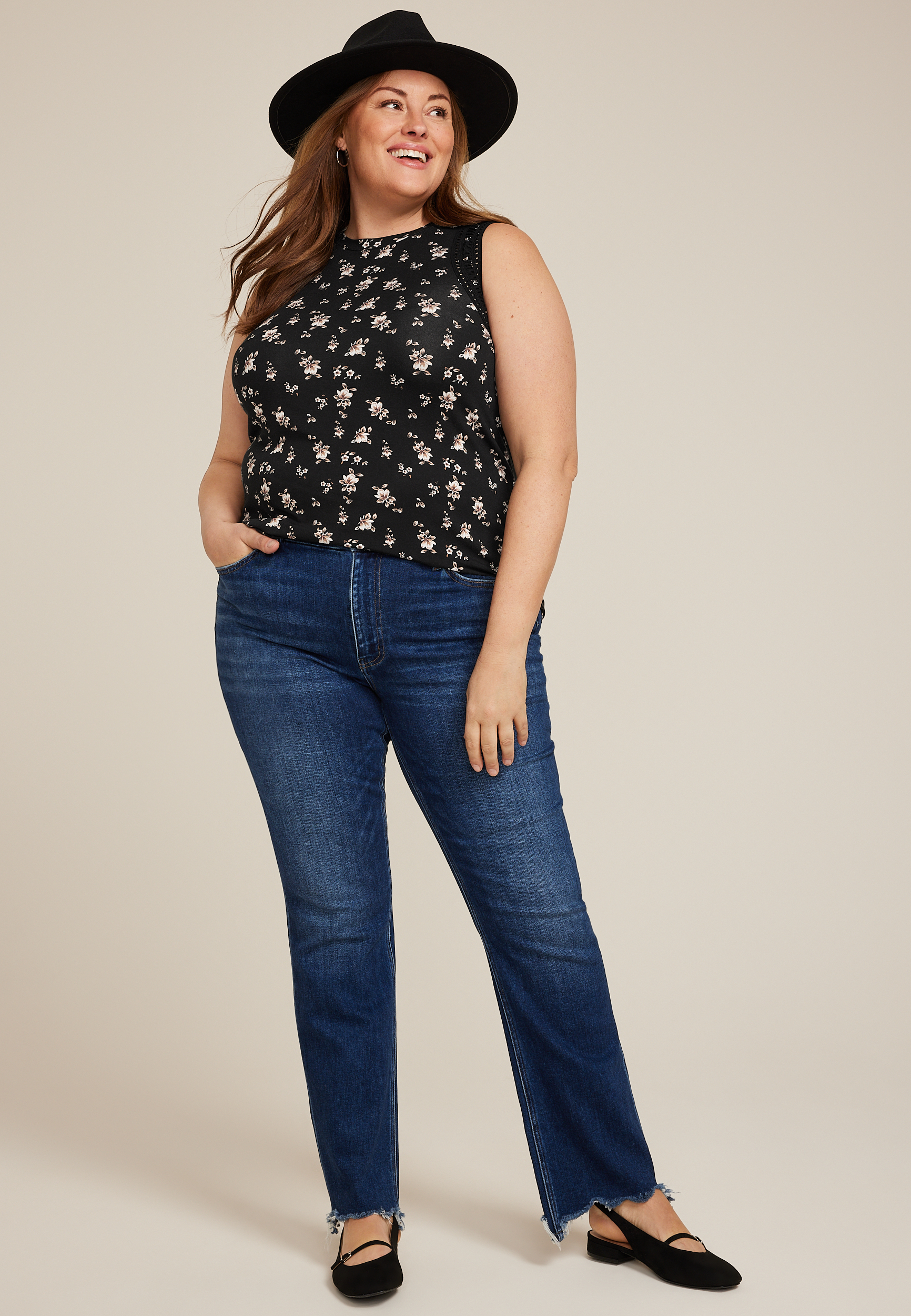 Plus Size Floral Lattice Trim Tank Top, BLACK COMBO, large
