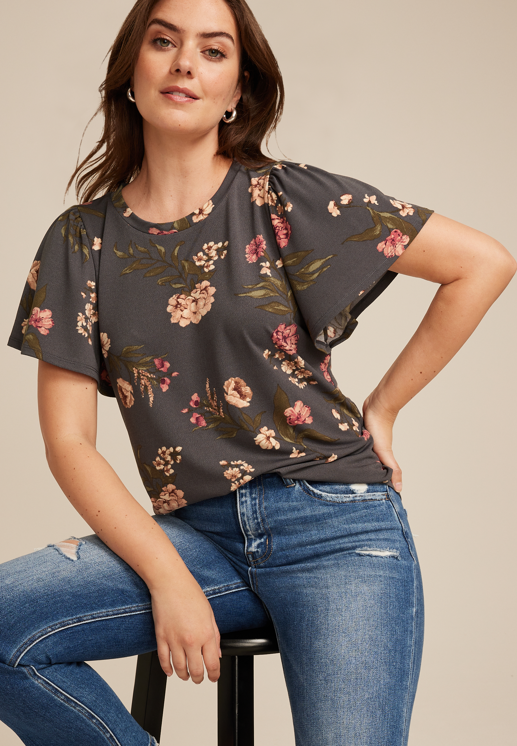 24/7 Charlotte Floral Flutter Sleeve Tee