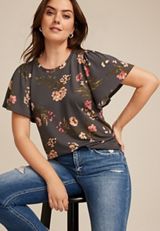 24/7 Charlotte Floral Flutter Sleeve Tee, C2722, small