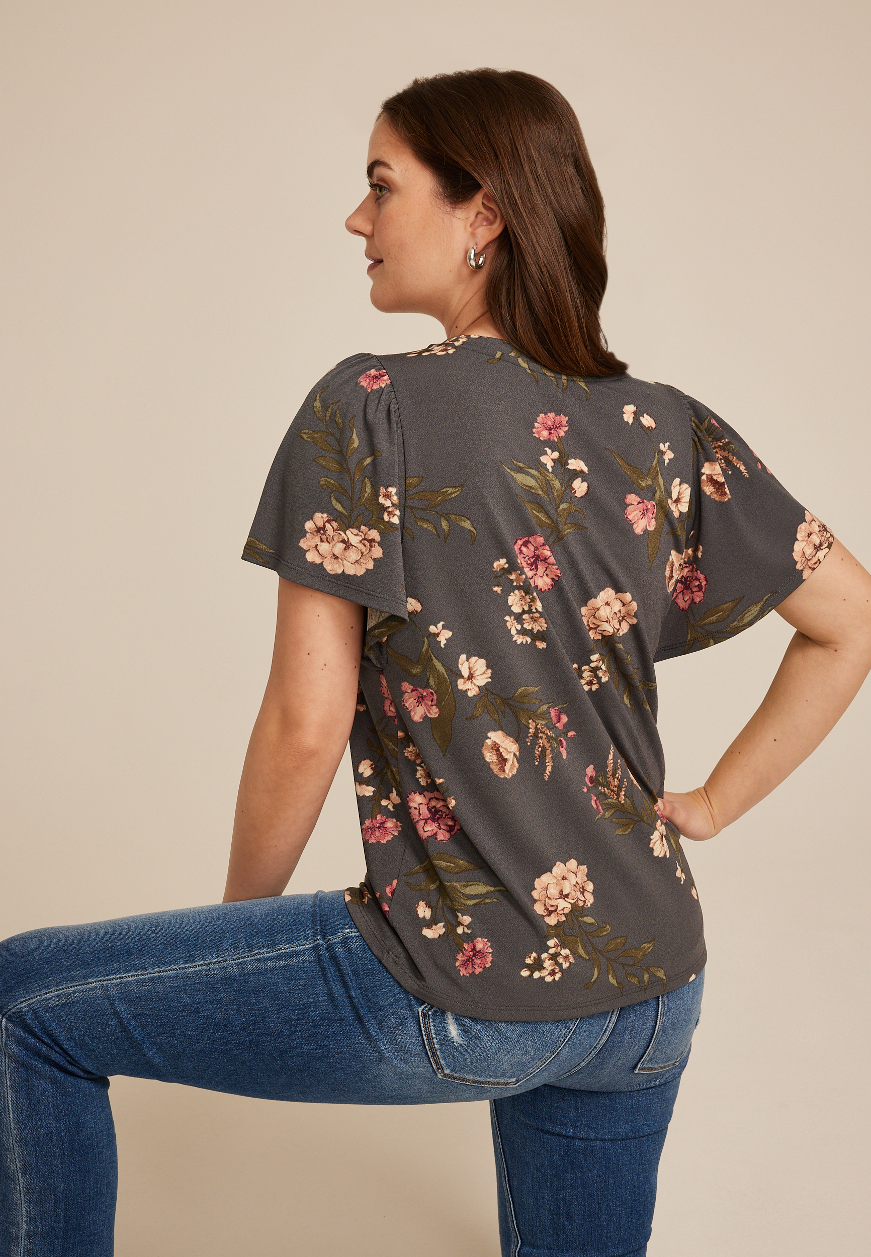 24/7 Charlotte Floral Flutter Sleeve Tee, C2722, large
