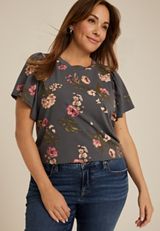 Plus Size 24/7 Charlotte Floral Flutter Sleeve Tee, GREY MOON COMBO, small
