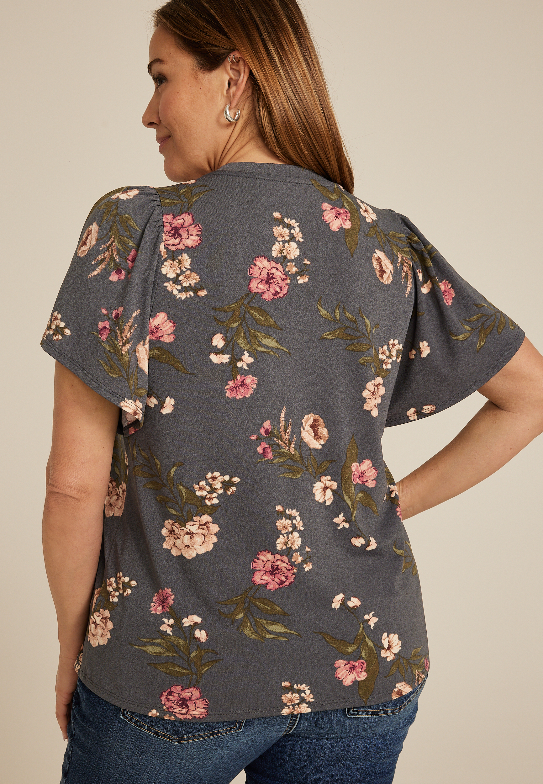 Plus Size 24/7 Charlotte Floral Flutter Sleeve Tee, GREY MOON COMBO, large