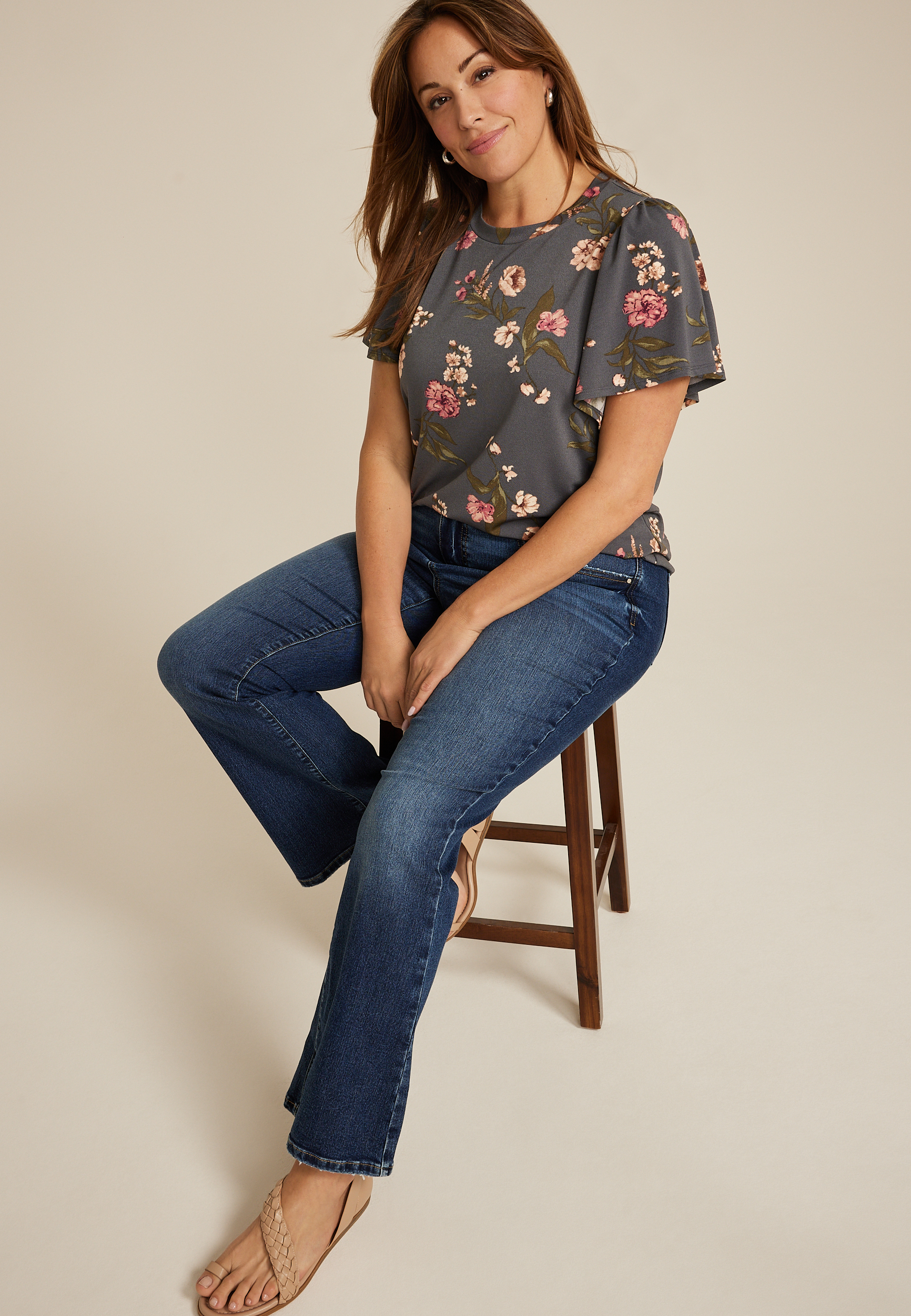 Plus Size 24/7 Charlotte Floral Flutter Sleeve Tee, GREY MOON COMBO, large
