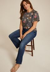 Plus Size 24/7 Charlotte Floral Flutter Sleeve Tee, GREY MOON COMBO, small